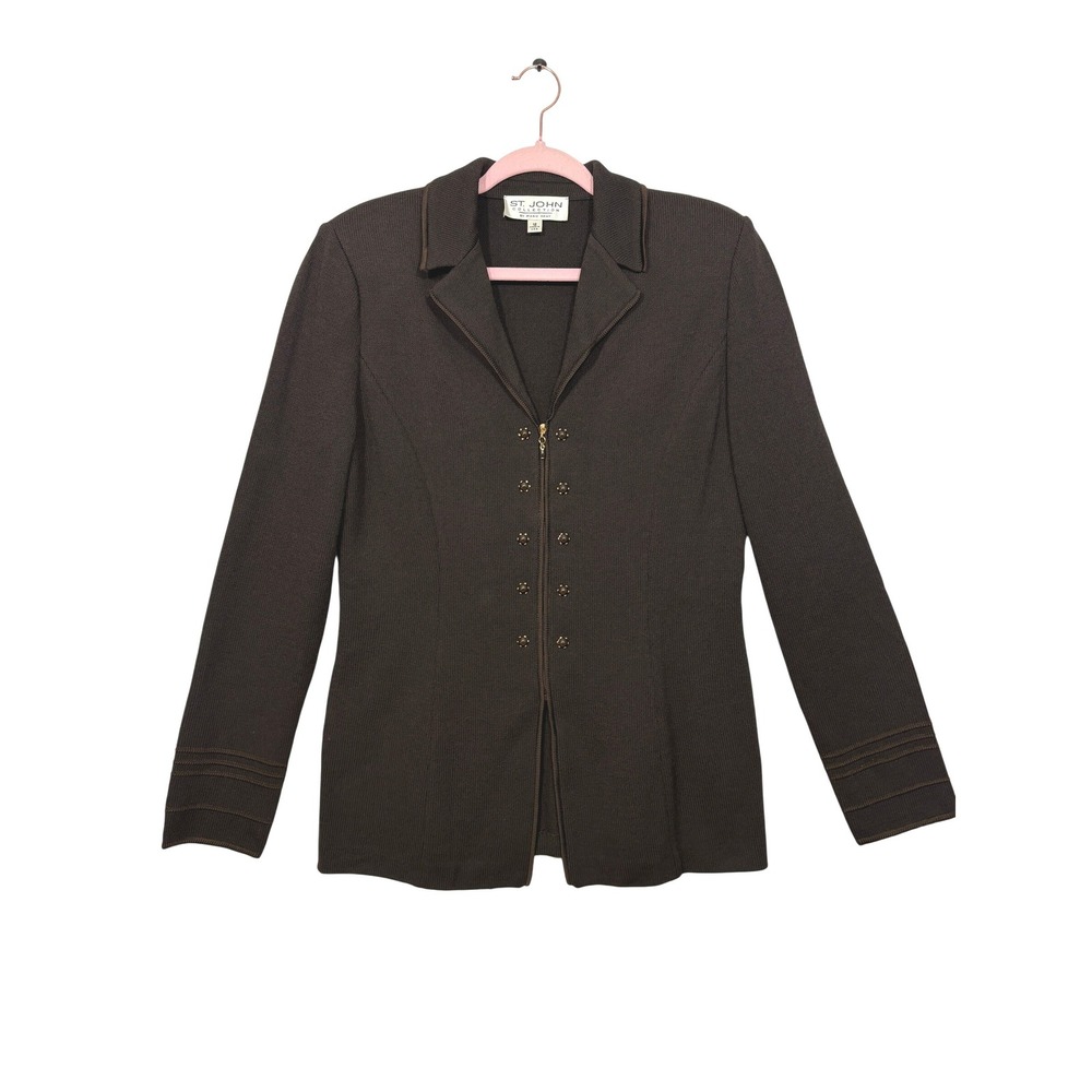 St. John Collection Marie Gray Brown Santana Knit Zip Front Studded Jacket 12